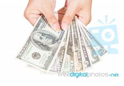 Lady Hand Holding Dollars Banknote Stock Photo