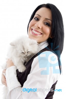 lady Happy With Her Cute cat Stock Photo