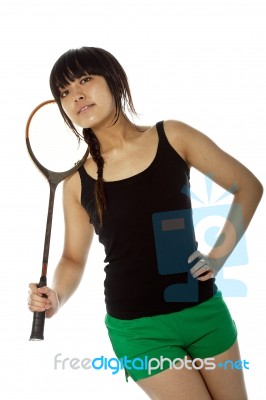 Lady Holding Badminton Racket Stock Photo