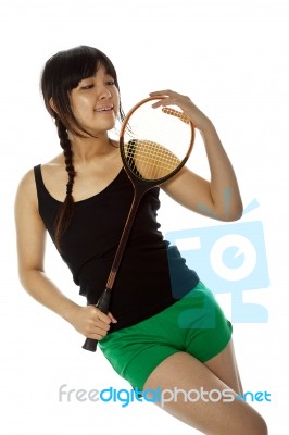 Lady Holding Badminton Racket Stock Photo