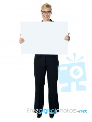 Lady Holding Blank Banner Ad Stock Photo