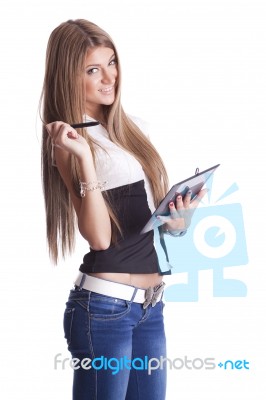 Lady Holding Tablet Pc Stock Photo