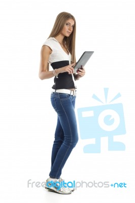 Lady Holding Tablet Pc Stock Photo