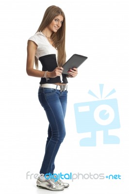 Lady Holding Tablet Pc Stock Photo