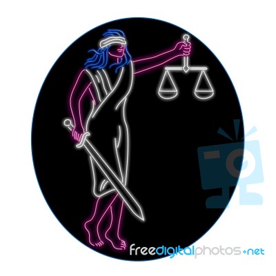 Lady Justice Holding Sword And Balance Oval Neon Sign Stock Image