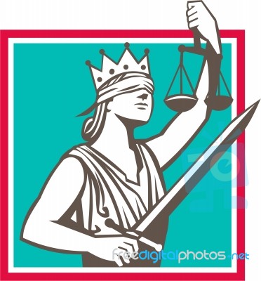 Lady Justice Raising Scales Sword Square Retro Stock Image