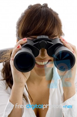 lady looking Through Binoculars Stock Photo