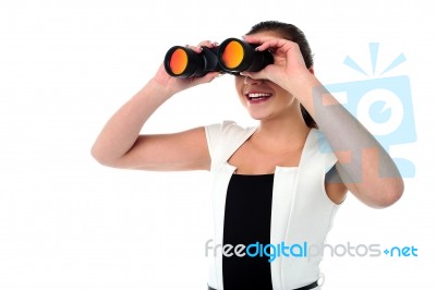 Lady Looking Through The Binocular Stock Photo