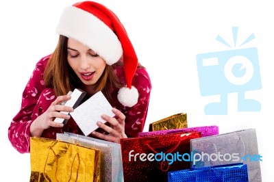 Lady Opening Christmas Gift Box Stock Photo