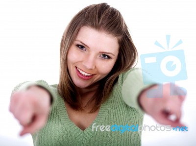 Lady Pointing With Both Hands Stock Photo