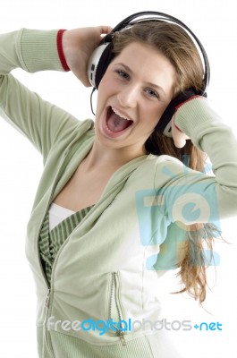 Lady Shouting While Listening Music Stock Photo