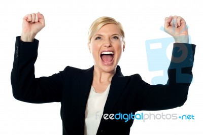 Lady Shouting With Arms Up Stock Photo