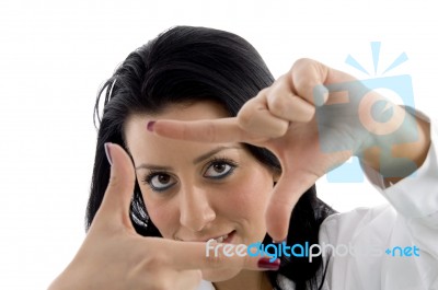 Lady Showing Framing Hand Gesture Stock Photo