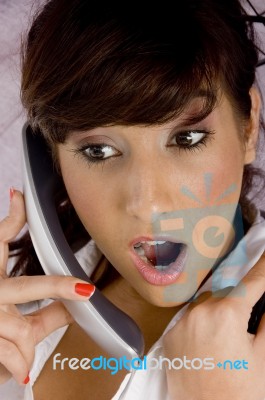 lady Talking On Phone with Umbrella Stock Photo