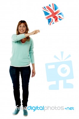 Lady Uk Supporter Waving National Flag Stock Photo