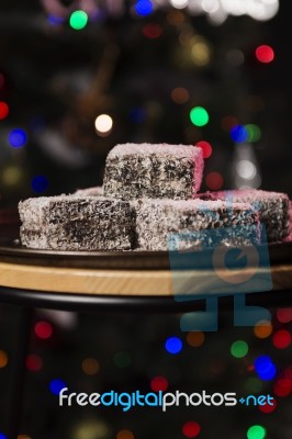 Lamingtons On A Baking Tray Stock Photo