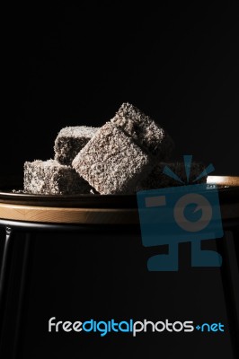 Lamingtons On A Baking Tray Stock Photo