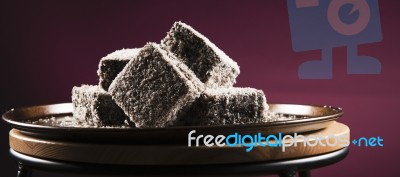 Lamingtons On A Baking Tray Stock Photo