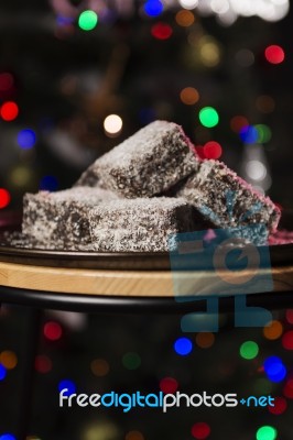 Lamingtons On A Baking Tray Stock Photo