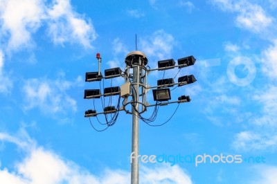 Lamp Post Of Spotlights Airport Stock Photo