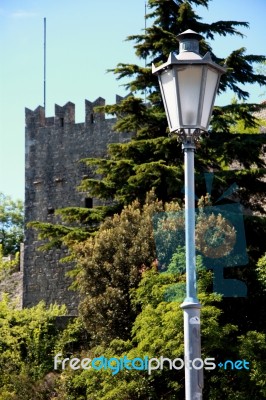 Lamppost And Tower San Marino Castle Stock Photo