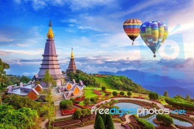 Landmark Pagoda In Doi Inthanon National Park With Balloon At Chiang Mai, Thailand Stock Photo