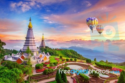 Landmark Pagoda In Doi Inthanon National Park With Balloon At Chiang Mai, Thailand Stock Photo