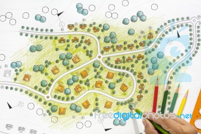 Landscape Architect Design Blueprints For Resort Stock Photo