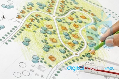 Landscape Architect Design Blueprints For Resort Stock Photo