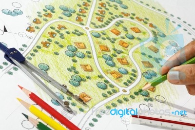 Landscape Architect Design Blueprints For Resort Stock Photo