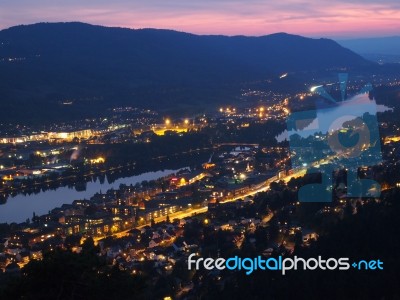 Landscape Of Drammen City, Night View In Norway Stock Photo