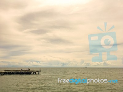 Landscape Of Sea With Boat And Fishing Stock Photo