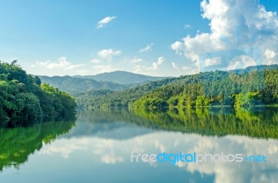 Landscape Of The Dam And Lake On The Mountain With Tree And Forest Stock Photo