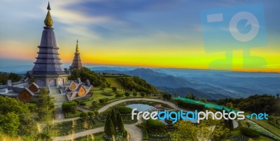 Landscape Of  Two Pagoda At Doi Inthanon Stock Photo