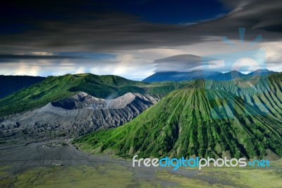 Landscape Of Volcanoes In Bromo Mountain Stock Photo