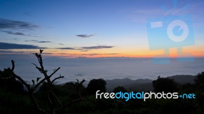 Landscape Sea Of Mist On Sunrise View From High Mountain Stock Photo