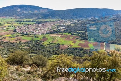 Landscape Village With Houses In Valley Of Greece Stock Photo