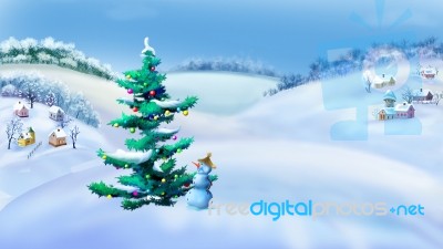 Landscape With Christmas Tree And Snowman Stock Image