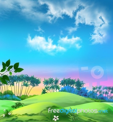 Landscape With Palms Against The Blue Sky Stock Image