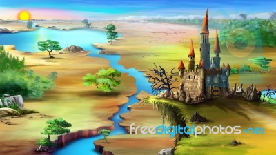 Landscape With Rising Sun, Blue River And Magical Castle On A Rock Stock Image