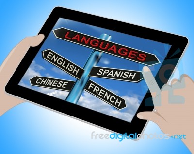 Languages Tablet Means English Chinese Spanish And French Stock Image