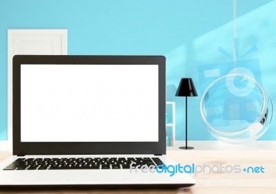 Laptop Computer White Screen On Wood Desk Stock Photo