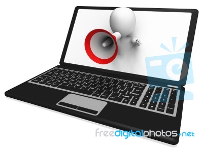 Laptop Loud Hailer Shows Internet Announcements Messages Or Info… Stock Image