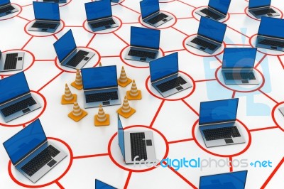 Laptop Network With Traffic Cone Stock Image