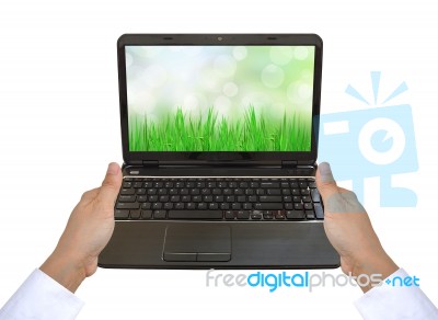 Laptop Pc On Women Hand Stock Photo