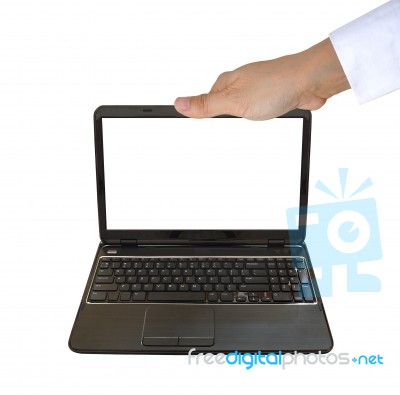 Laptop Pc On Women Hand Stock Photo