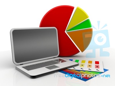 Laptop Showing A Spreadsheet And A Paper With Statistic Charts, Stock Image