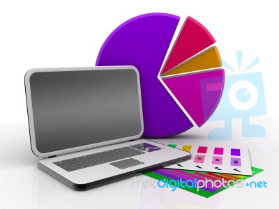 Laptop Showing A Spreadsheet And A Paper With Statistic Charts, Stock Image