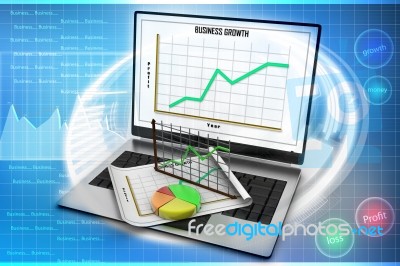 Laptop Showing A Spreadsheet And A Paper With Statistic Charts Stock Image