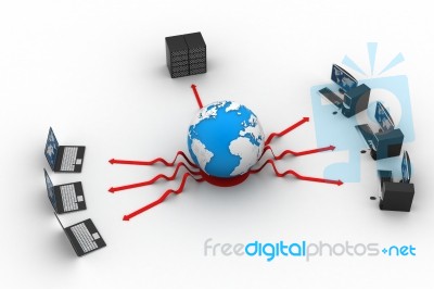 Laptop With Big Server And Globe Stock Image